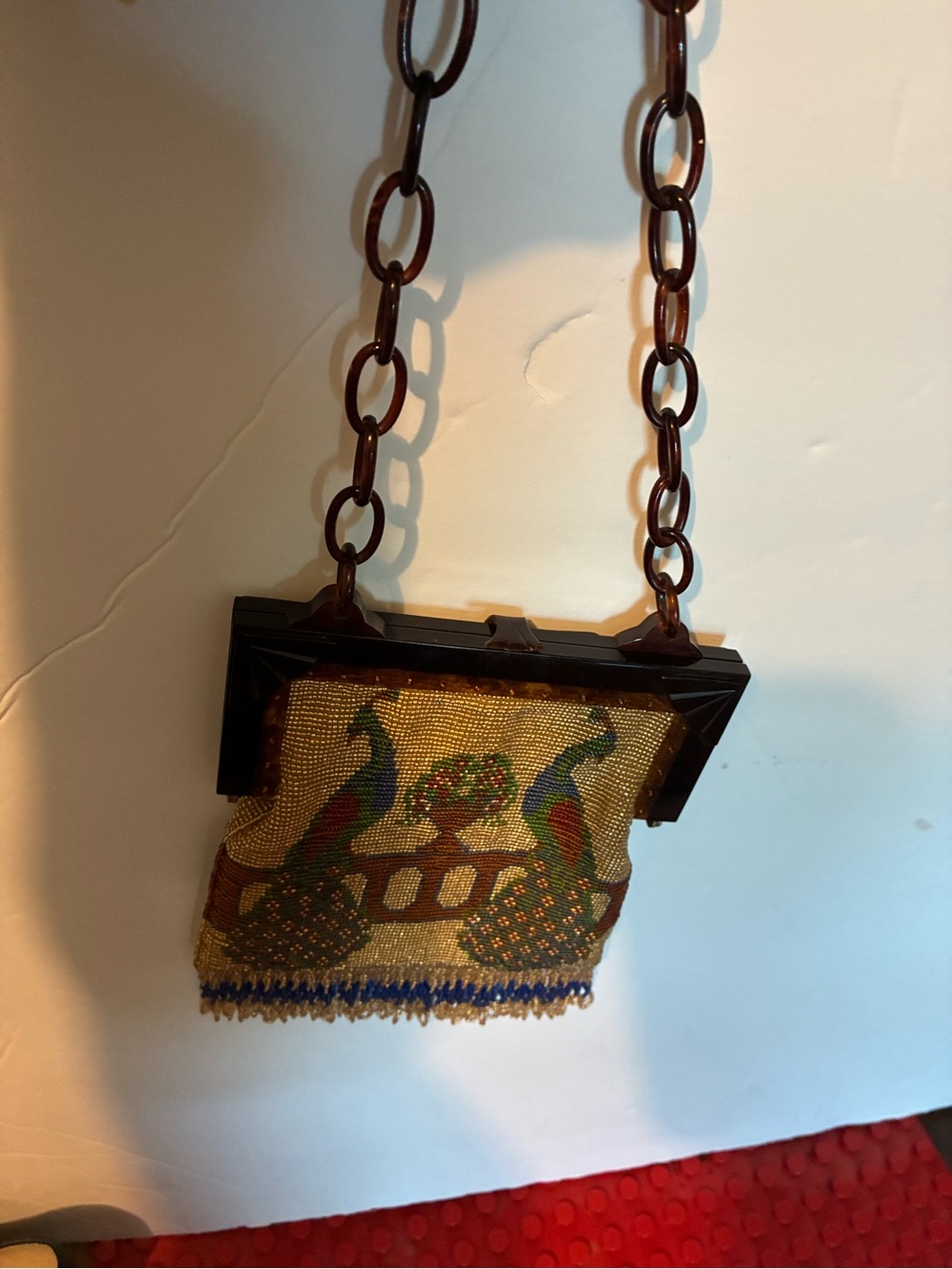Whiting & Davis Gold Beaded Mini Bag with Multicolor Peacock Motif - Picture 4 of 7